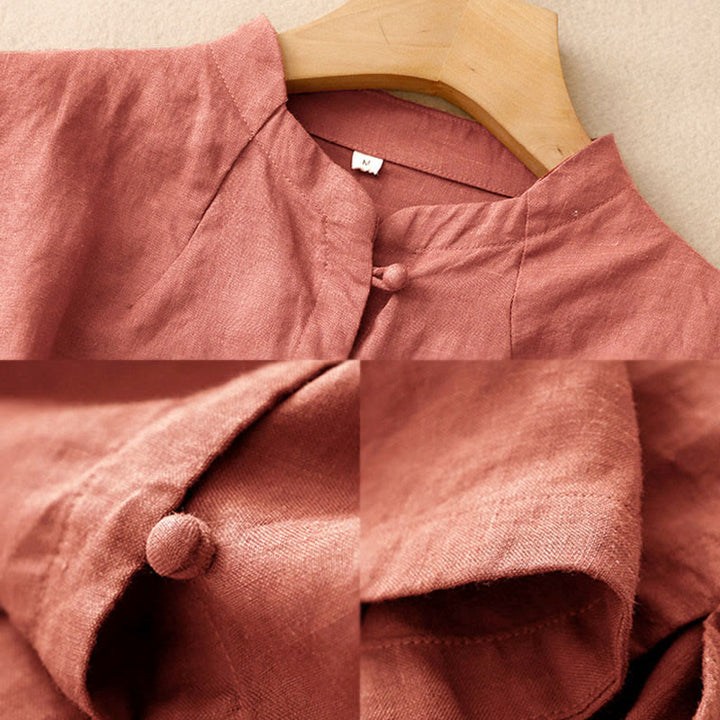 Buddha Stones Camicia estiva da donna in cotone a maniche corte con colletto rialzato, spacchi laterali e bottoni a rana - image 12