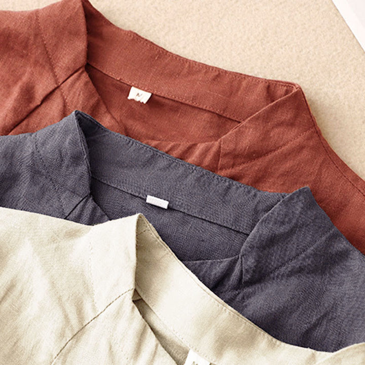 Buddha Stones Camicia estiva da donna in cotone a maniche corte con colletto rialzato, spacchi laterali e bottoni a rana - image 19