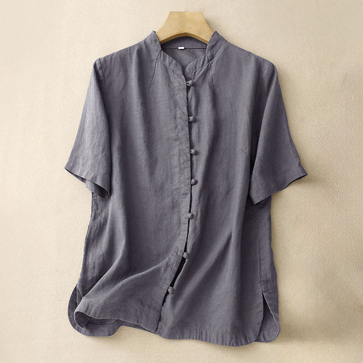 Buddha Stones Camicia estiva da donna in cotone a maniche corte con colletto rialzato, spacchi laterali e bottoni a rana - Grigio ardesia - US8-10, UK/AU12-14, EU40-42 (2XL) - image 13