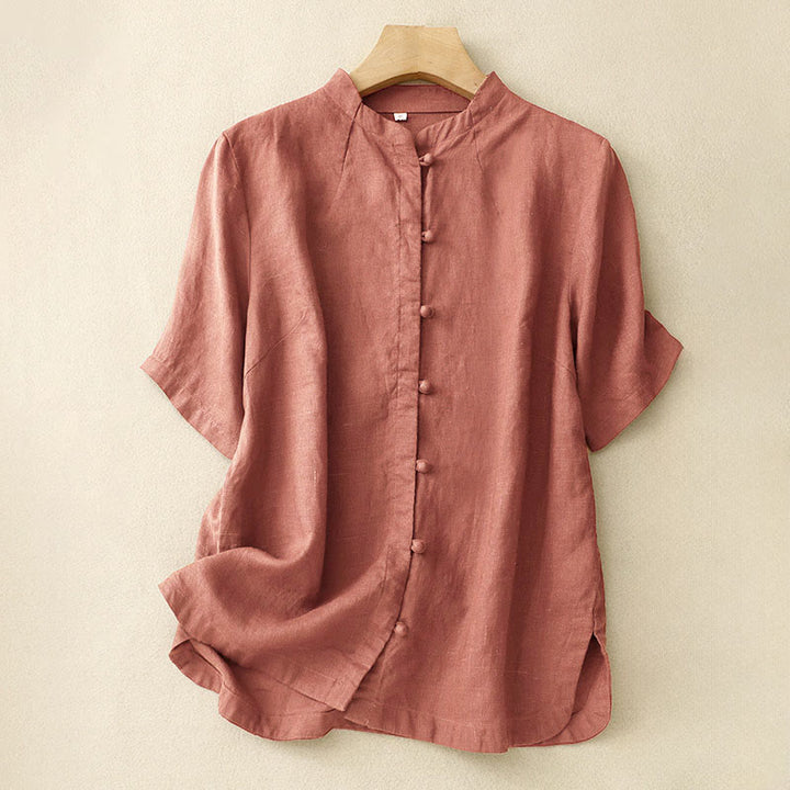 Buddha Stones Camicia estiva da donna in cotone a maniche corte con colletto rialzato, spacchi laterali e bottoni a rana - Salmone Scuro - US8-10, UK/AU12-14, EU40-42 (2XL) - image 7