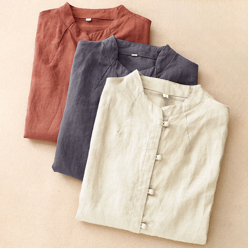 Buddha Stones Camicia estiva da donna in cotone a maniche corte con colletto rialzato, spacchi laterali e bottoni a rana - image 18