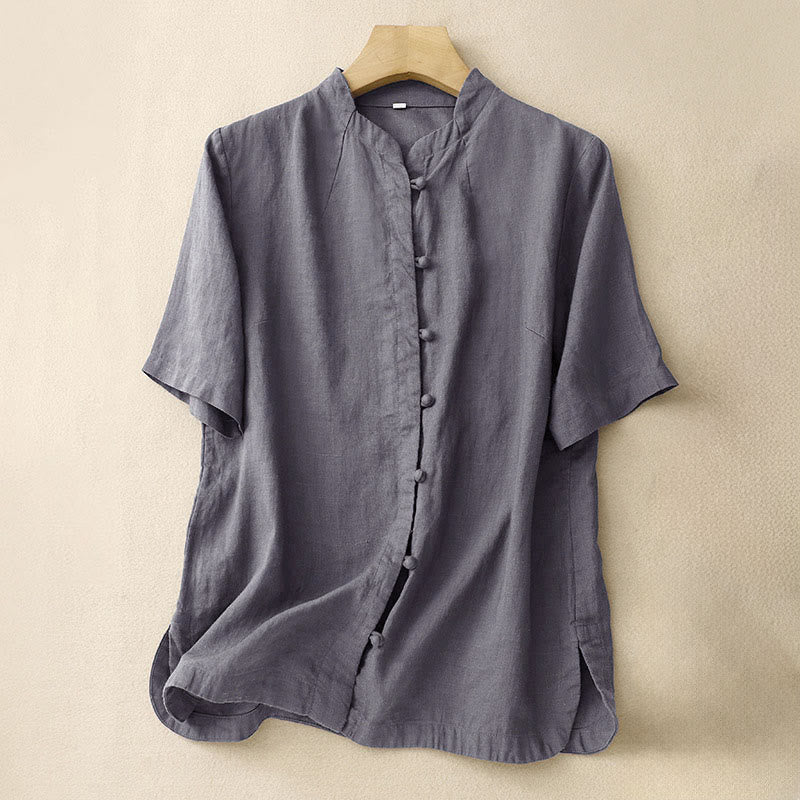 Camicia da donna estiva Buddha Stones a maniche corte con colletto alla coreana, spacchi laterali e chiusura con bottoni a rana. - Grigio ardesia - US8-10, UK/AU12-14, EU40-42 (2XL) - image 13
