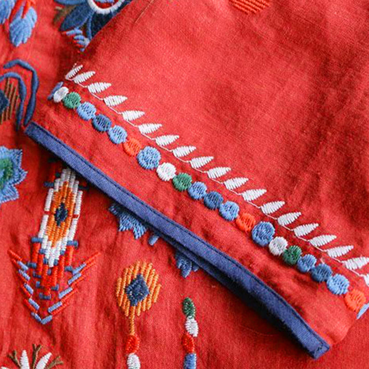 Maglietta da donna in cotone e lino a maniche corte con scollo a giro e ricamo artistico retrò con motivo floreale Buddha Stones - image 10