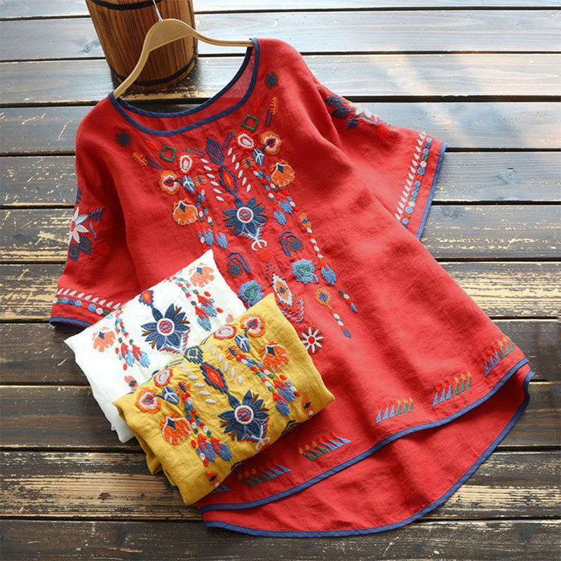 Maglietta da donna in cotone e lino a maniche corte con scollo a giro e ricamo artistico retrò con motivo floreale Buddha Stones - image 12