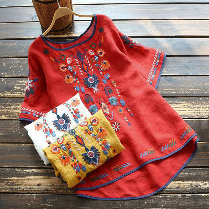 Maglietta da donna in cotone e lino a maniche corte con scollo a giro e ricamo artistico retrò con motivo floreale Buddha Stones - image 12