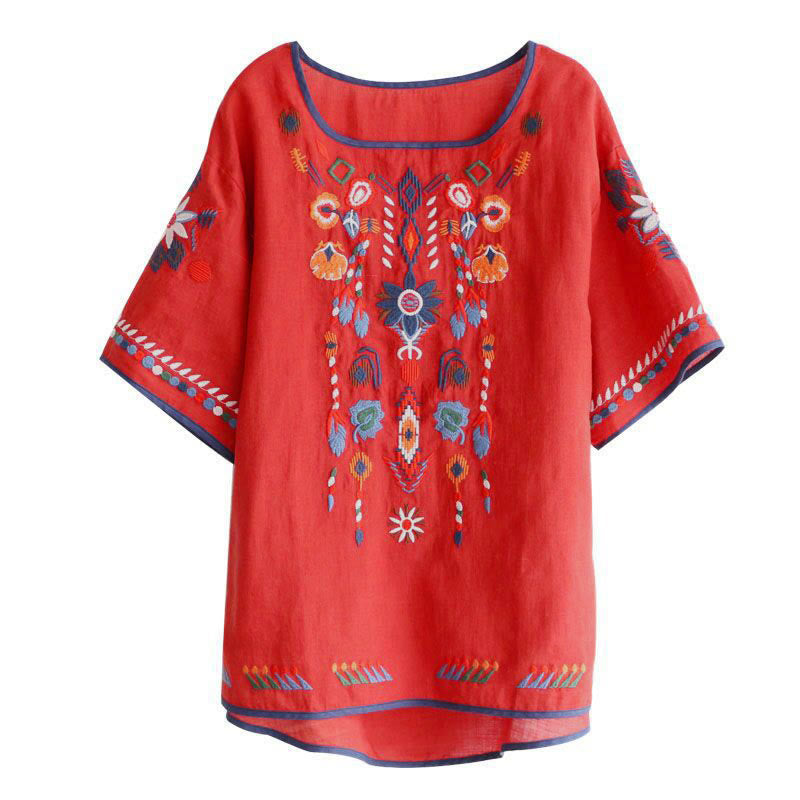 Maglietta da donna in cotone e lino a maniche corte con scollo a giro e ricamo artistico retrò con motivo floreale Buddha Stones - image 13