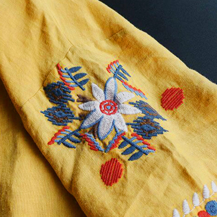 Maglietta da donna in cotone e lino a maniche corte con scollo a giro e ricamo artistico retrò con motivo floreale Buddha Stones - image 16