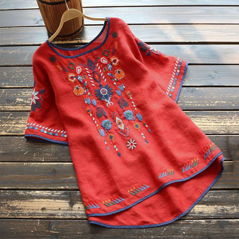 Maglietta da donna in cotone e lino a maniche corte con scollo a giro e ricamo artistico retrò con motivo floreale Buddha Stones - Rosso - US14, UK/AU18, EU46 (4XL) - image 8