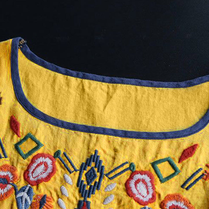 Maglietta da donna in cotone e lino a maniche corte con scollo a giro e ricamo artistico retrò con motivo floreale Buddha Stones - image 15