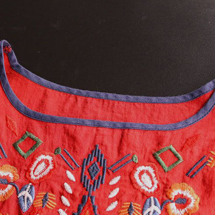 Maglietta da donna in cotone e lino a maniche corte con scollo a giro e ricamo artistico retrò con motivo floreale Buddha Stones - image 9