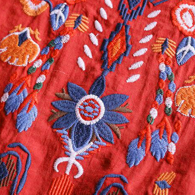 Maglietta da donna in cotone e lino a maniche corte con scollo a giro e ricamo artistico retrò con motivo floreale Buddha Stones - image 11