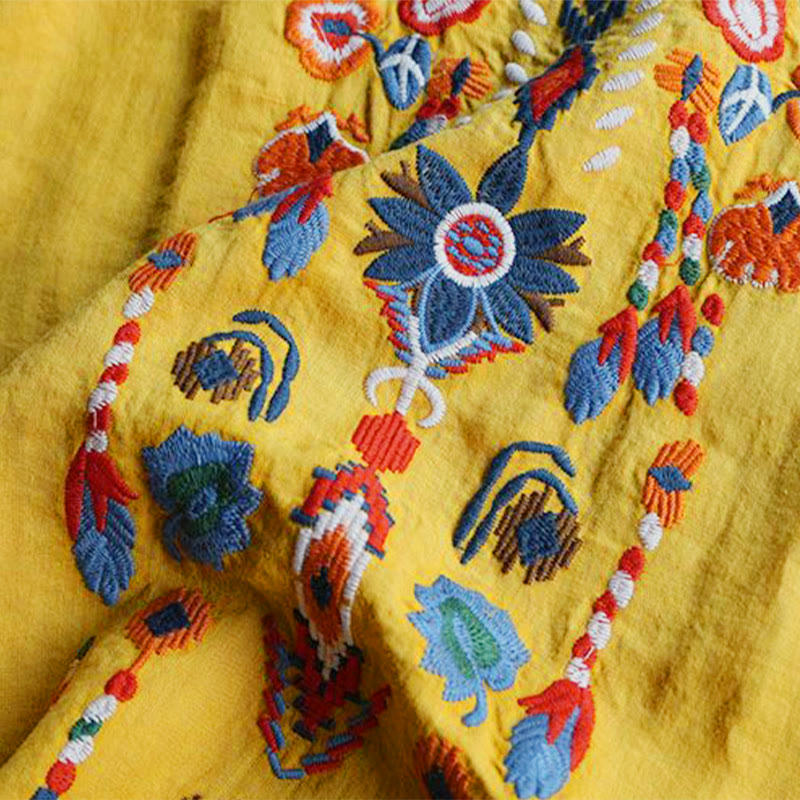 Maglietta da donna in cotone e lino a maniche corte con scollo a giro e ricamo artistico retrò con motivo floreale Buddha Stones - image 17