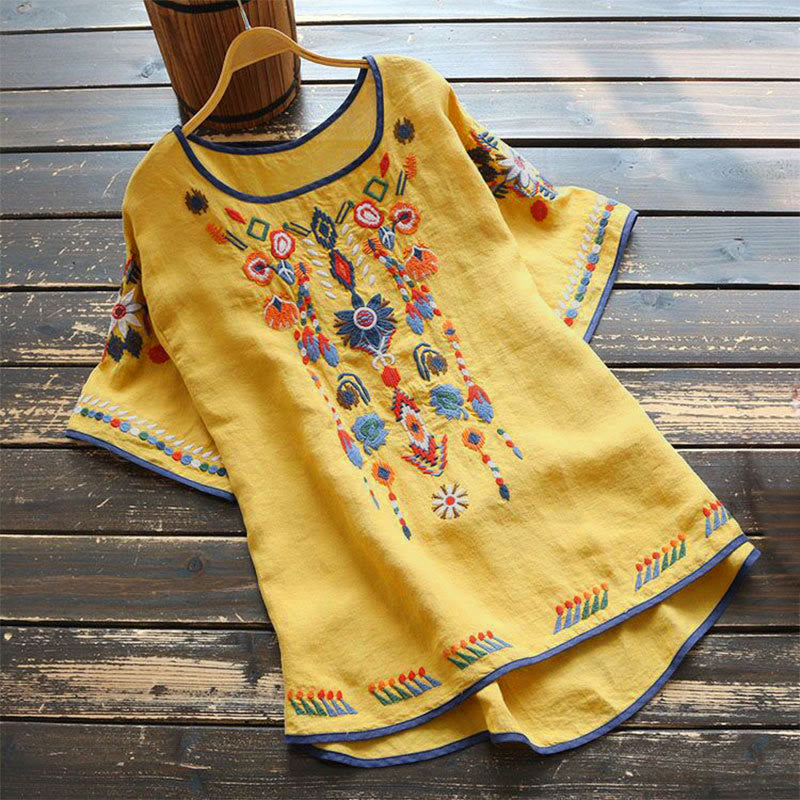 Maglietta da donna in cotone e lino a maniche corte con scollo a giro e ricamo artistico retrò con motivo floreale Buddha Stones - Giallo - US14, UK/AU18, EU46 (4XL) - image 14