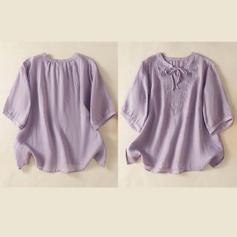 Buddha Stones Camicia da donna a maniche corte con colletto a tacca e motivo floreale con ricami estivi - image 5