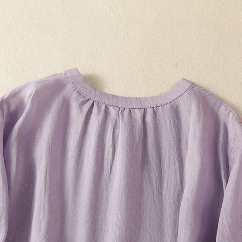 Buddha Stones Camicia da donna a maniche corte con colletto a tacca e motivo floreale con ricami estivi - image 3