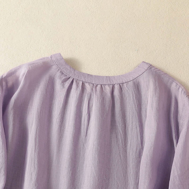 Buddha Stones Camicia da donna a maniche corte con colletto a tacca e motivo floreale con ricami estivi - image 3