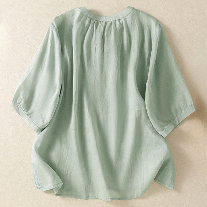 Buddha Stones Camicia da donna a maniche corte con colletto a tacca e motivo floreale con ricami estivi - image 7