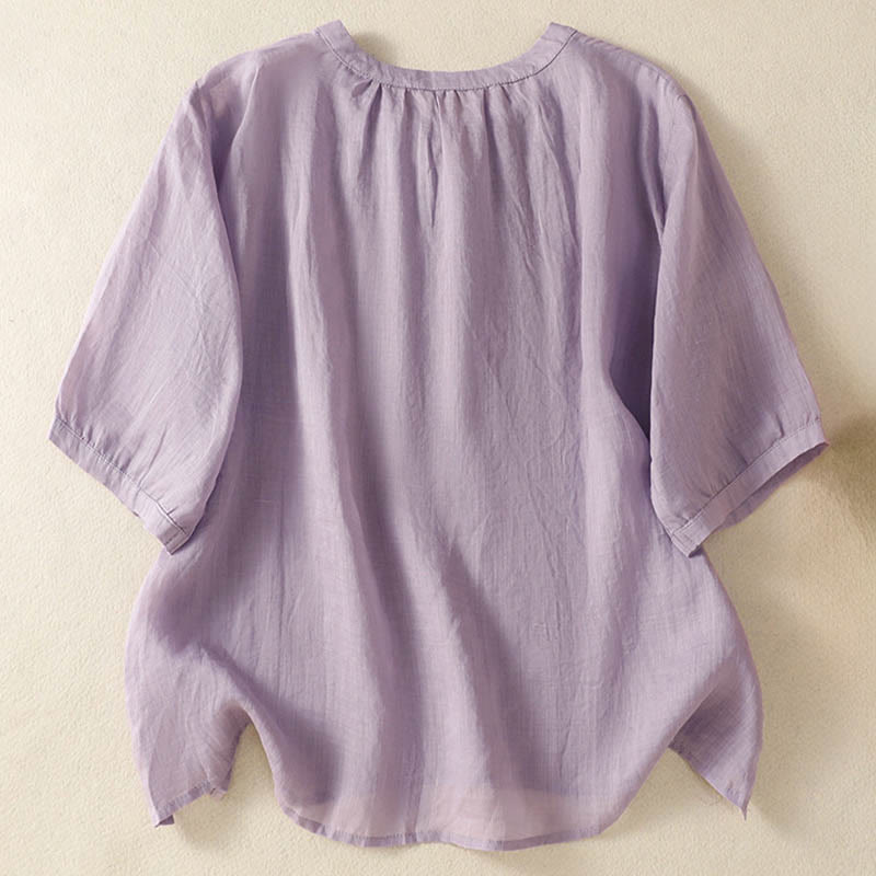 Buddha Stones Camicia da donna a maniche corte con colletto a tacca e motivo floreale con ricami estivi - image 1