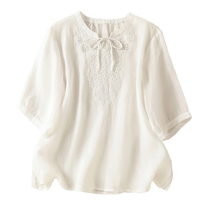 Buddha Stones Camicia da donna a maniche corte con colletto a tacca e motivo floreale con ricami estivi - image 15