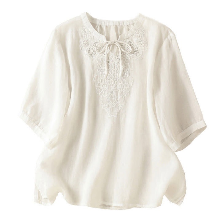 Buddha Stones Camicia da donna a maniche corte con colletto a tacca e motivo floreale con ricami estivi - image 15