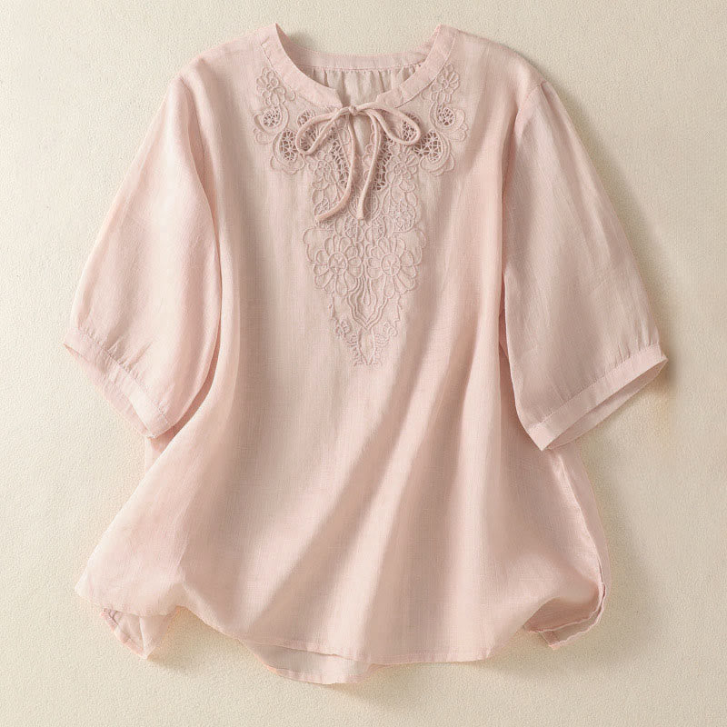 Buddha Stones Camicia da donna a maniche corte con colletto a tacca e motivo floreale con ricami estivi - MistyRose - US8-10, UK/AU12-14, EU40-42 (2XL) - image 16