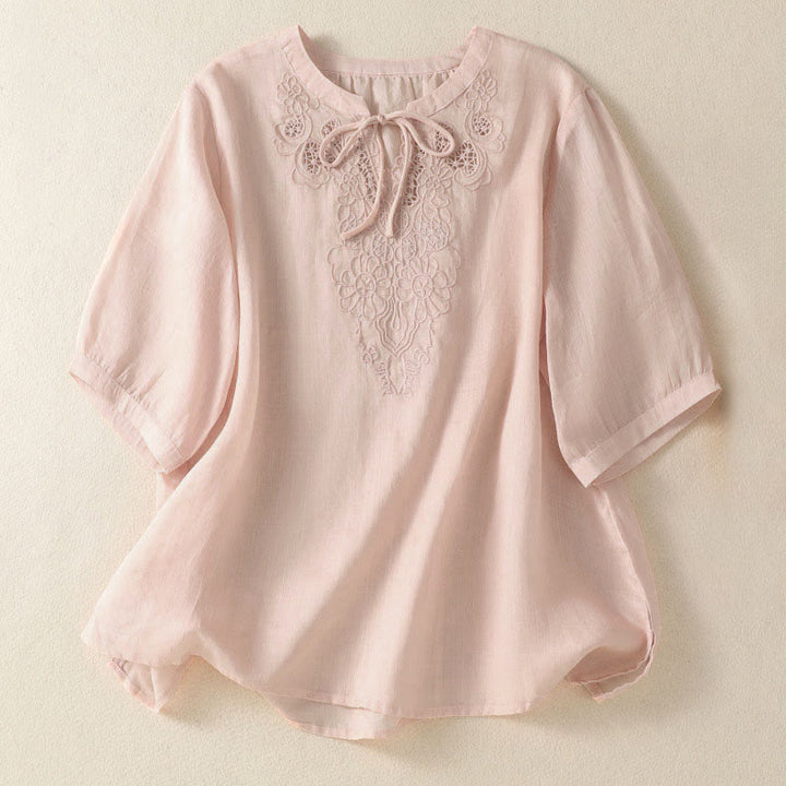 Buddha Stones Camicia da donna a maniche corte con colletto a tacca e motivo floreale con ricami estivi - MistyRose - US8-10, UK/AU12-14, EU40-42 (2XL) - image 16