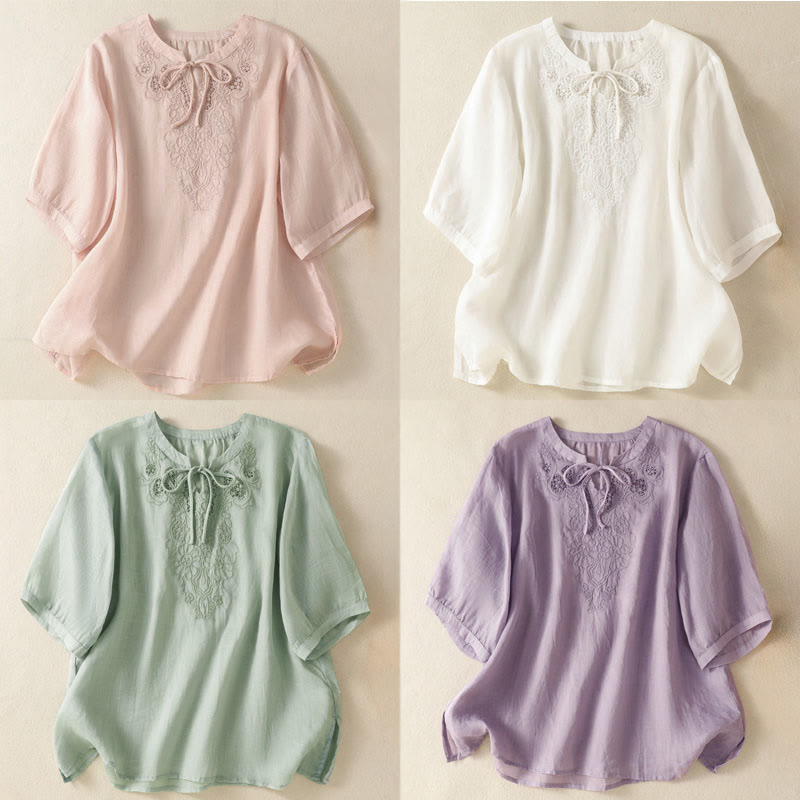 Buddha Stones Camicia da donna a maniche corte con colletto a tacca e motivo floreale con ricami estivi - image 25