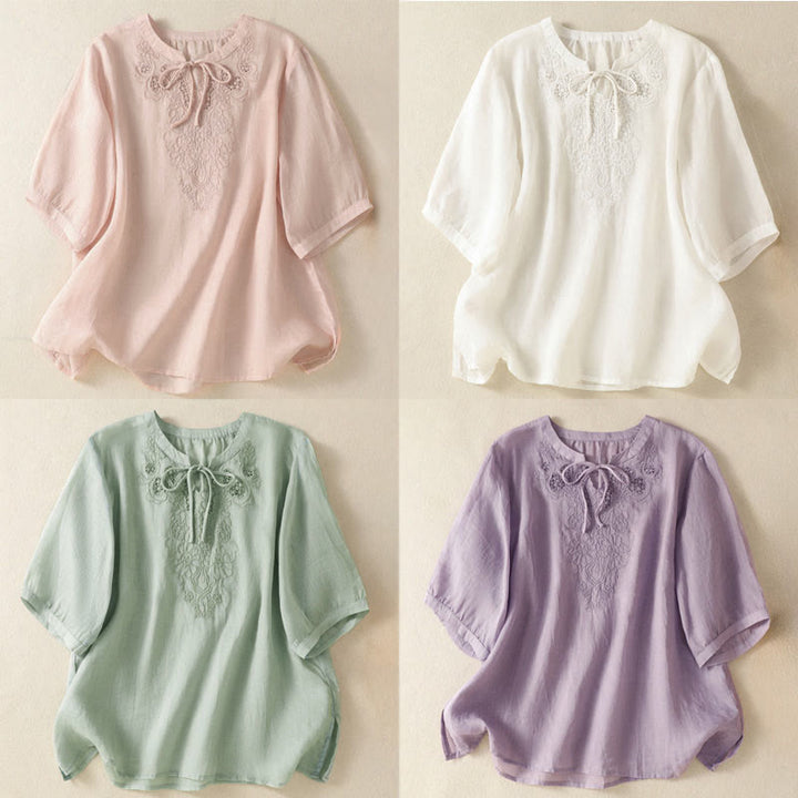 Buddha Stones Camicia da donna a maniche corte con colletto a tacca e motivo floreale con ricami estivi - image 25