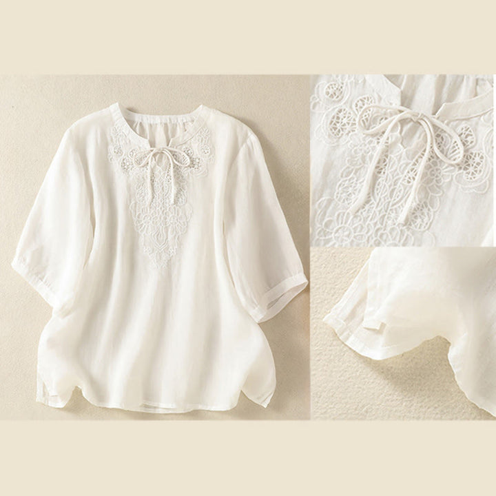 Buddha Stones Camicia da donna a maniche corte con colletto a tacca e motivo floreale con ricami estivi - image 14