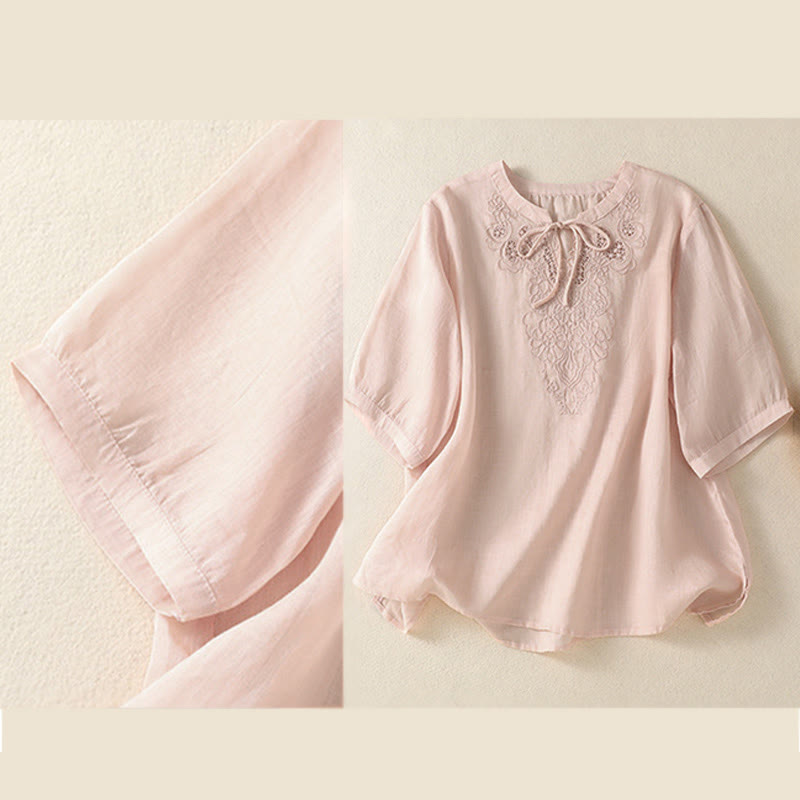 Buddha Stones Camicia da donna a maniche corte con colletto a tacca e motivo floreale con ricami estivi - image 23