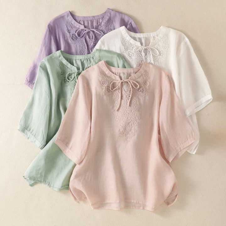 Buddha Stones Camicia da donna a maniche corte con colletto a tacca e motivo floreale con ricami estivi - image 24