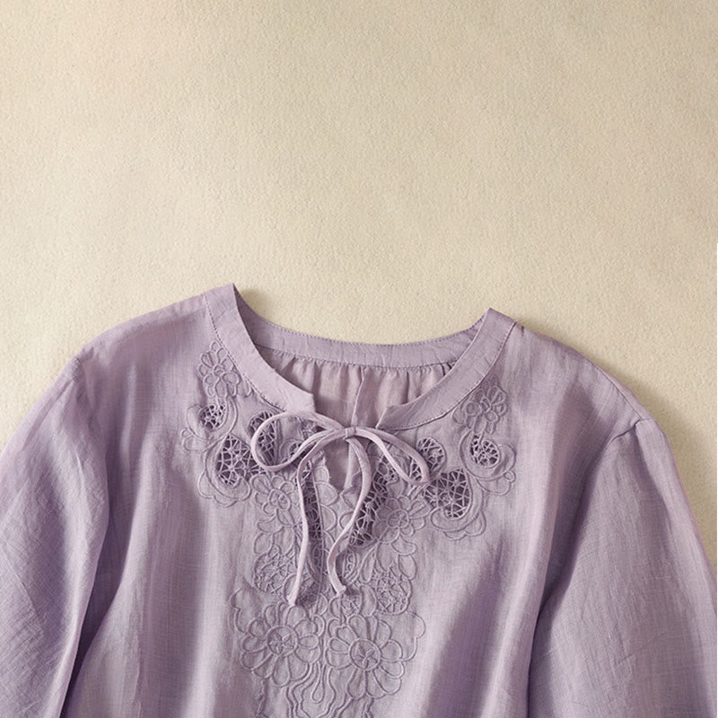 Buddha Stones Camicia da donna a maniche corte con colletto a tacca e motivo floreale con ricami estivi - image 2