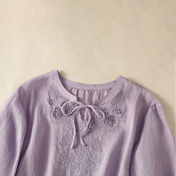 Buddha Stones Camicia da donna a maniche corte con colletto a tacca e motivo floreale con ricami estivi - image 2