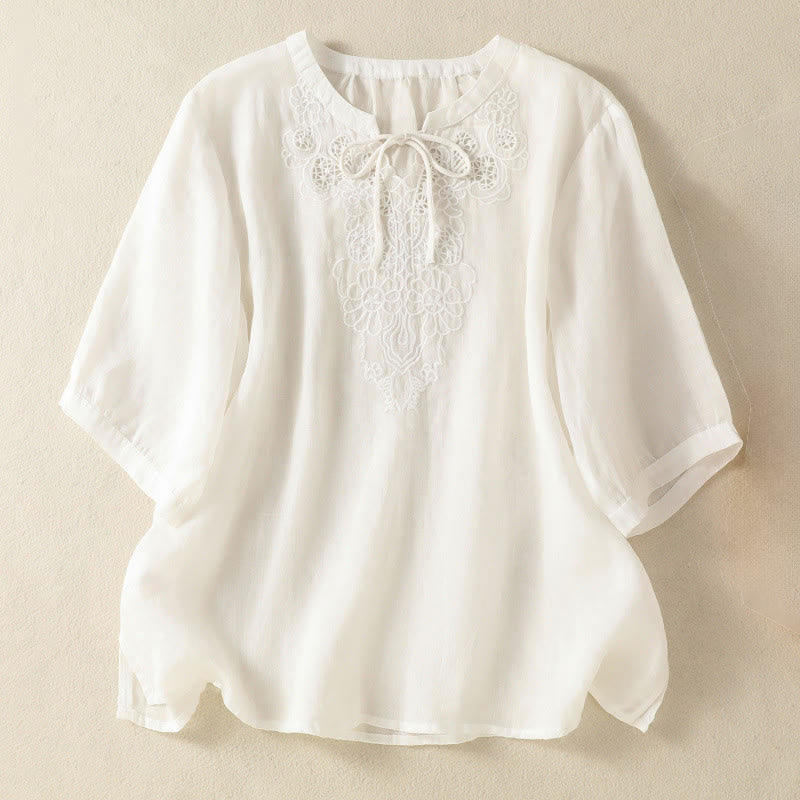 Buddha Stones Camicia da donna a maniche corte con colletto a tacca e motivo floreale con ricami estivi - Bianco - US8-10, UK/AU12-14, EU40-42 (2XL) - image 10