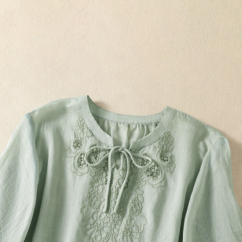 Buddha Stones Camicia da donna a maniche corte con colletto a tacca e motivo floreale con ricami estivi - image 8