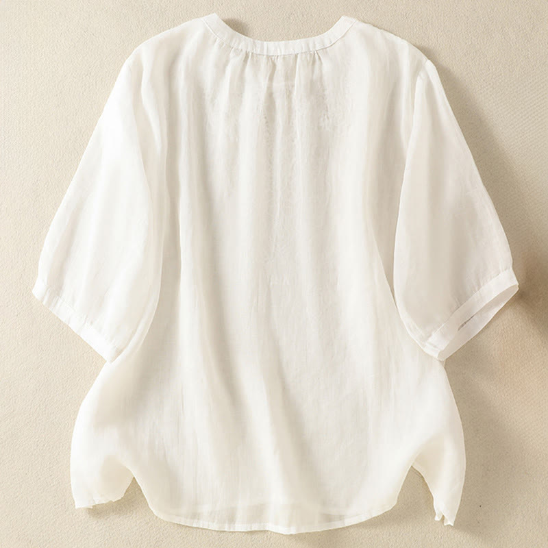 Buddha Stones Camicia da donna a maniche corte con colletto a tacca e motivo floreale con ricami estivi - image 11