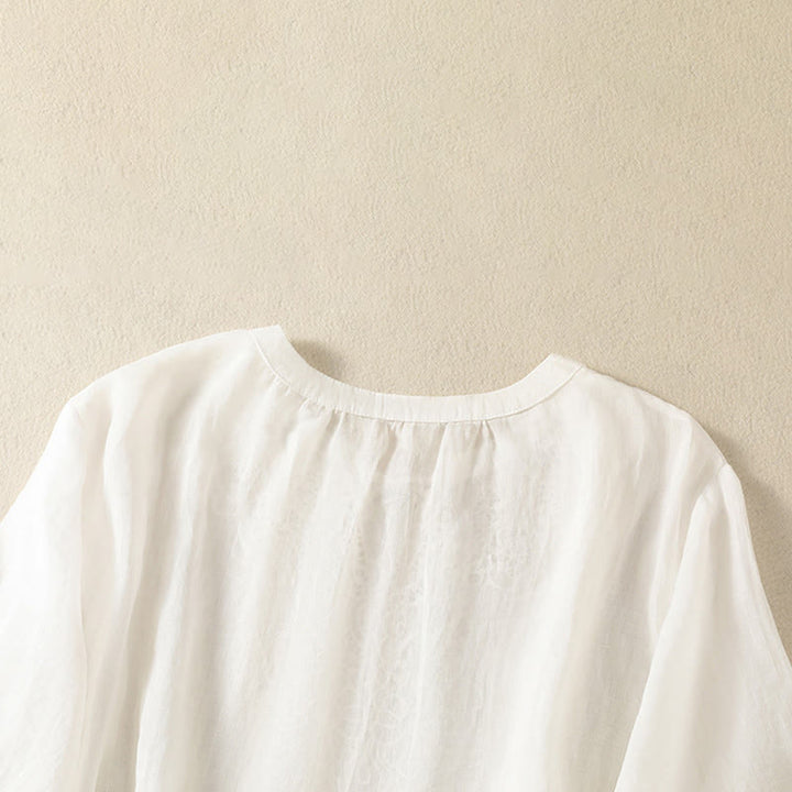 Buddha Stones Camicia da donna a maniche corte con colletto a tacca e motivo floreale con ricami estivi - image 13