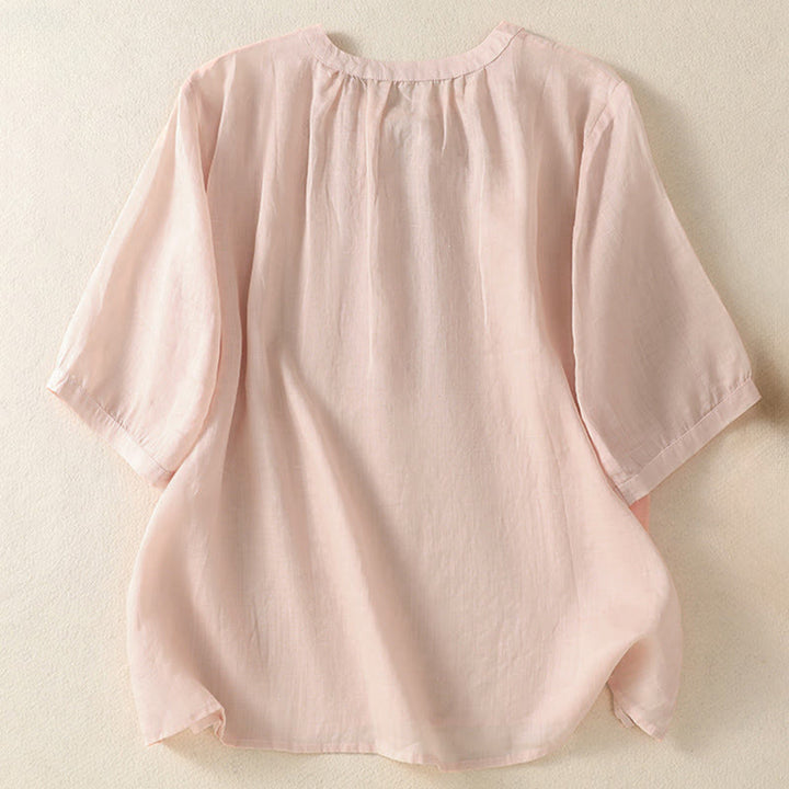 Buddha Stones Camicia da donna a maniche corte con colletto a tacca e motivo floreale con ricami estivi - image 17