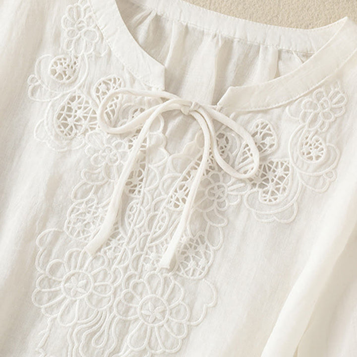 Buddha Stones Camicia da donna a maniche corte con colletto a tacca e motivo floreale con ricami estivi - image 12