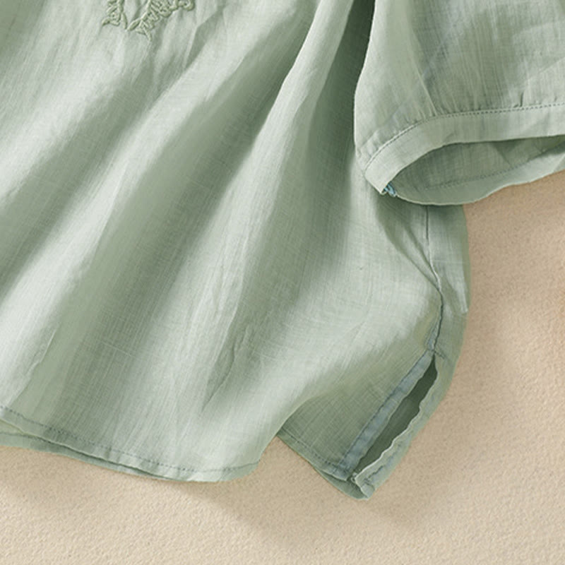 Buddha Stones Camicia da donna a maniche corte con colletto a tacca e motivo floreale con ricami estivi - image 9