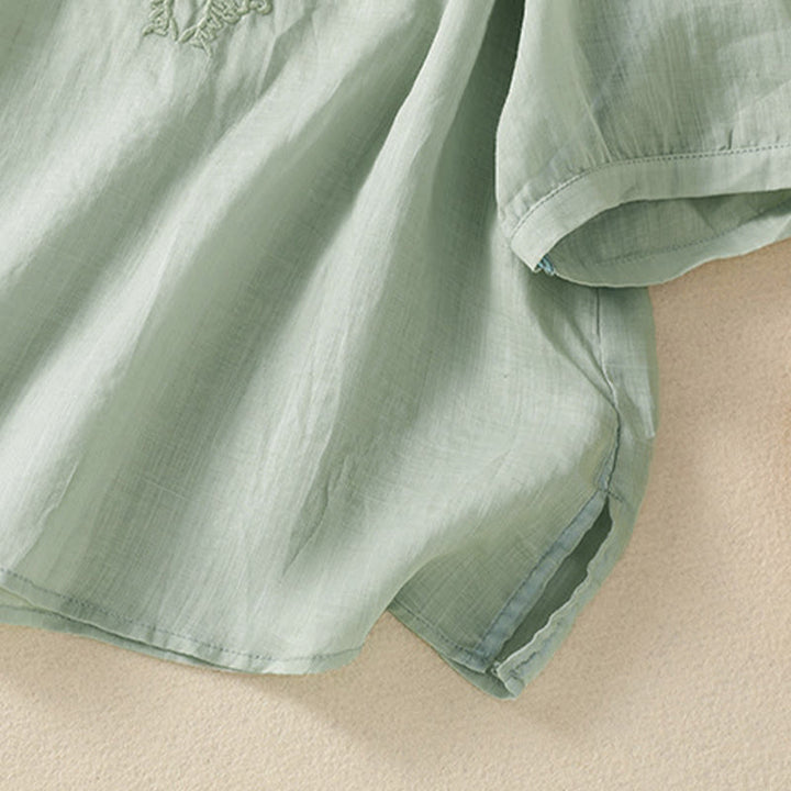 Buddha Stones Camicia da donna a maniche corte con colletto a tacca e motivo floreale con ricami estivi - image 9