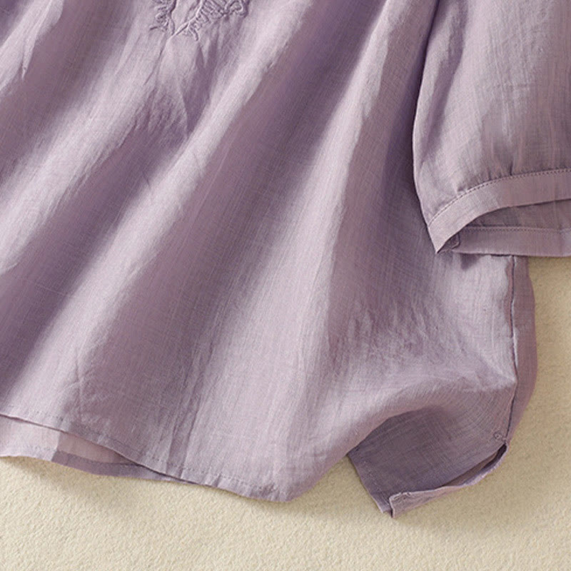 Buddha Stones Camicia da donna a maniche corte con colletto a tacca e motivo floreale con ricami estivi - image 4