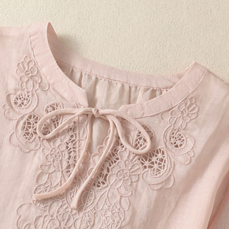 Buddha Stones Camicia da donna a maniche corte con colletto a tacca e motivo floreale con ricami estivi - image 18