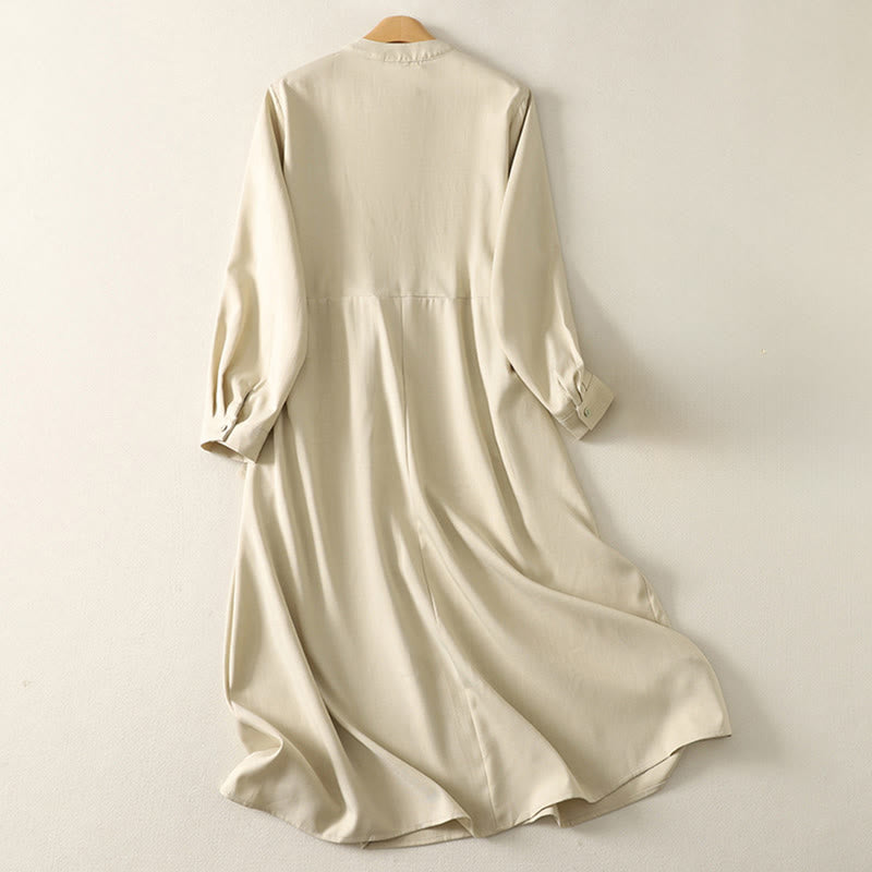 Buddha Stones Abito midi da donna in cotone con maniche lunghe, allacciato, bottoni a metà, collo alto e tasche - image 1