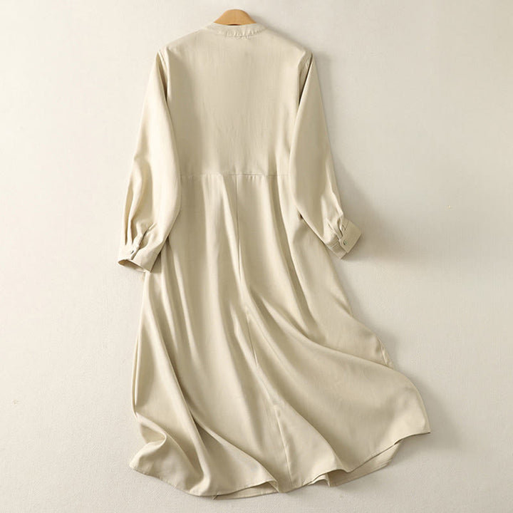 Buddha Stones Abito midi da donna in cotone con maniche lunghe, allacciato, bottoni a metà, collo alto e tasche - image 1