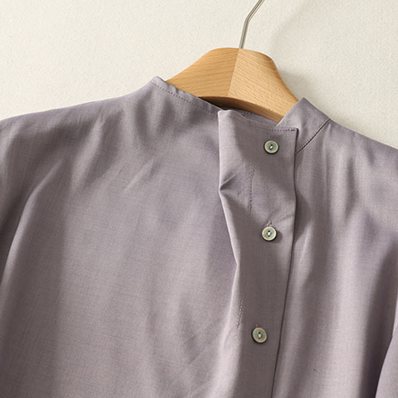 Buddha Stones Abito midi da donna in cotone con maniche lunghe, allacciato, bottoni a metà, collo alto e tasche - image 12