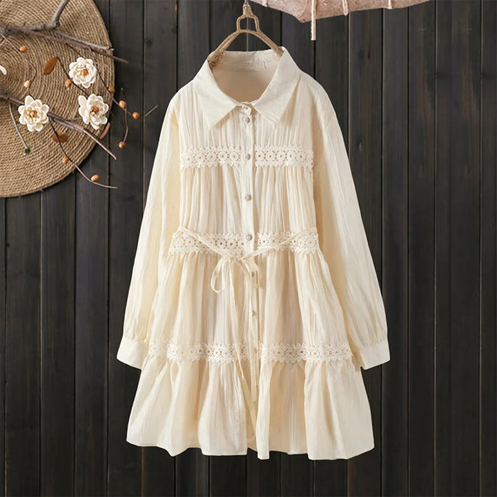 Buddha Stones Abito midi in cotone da donna con maniche lunghe, bottoni e revers, in patchwork di pizzo, con lacci - image 12