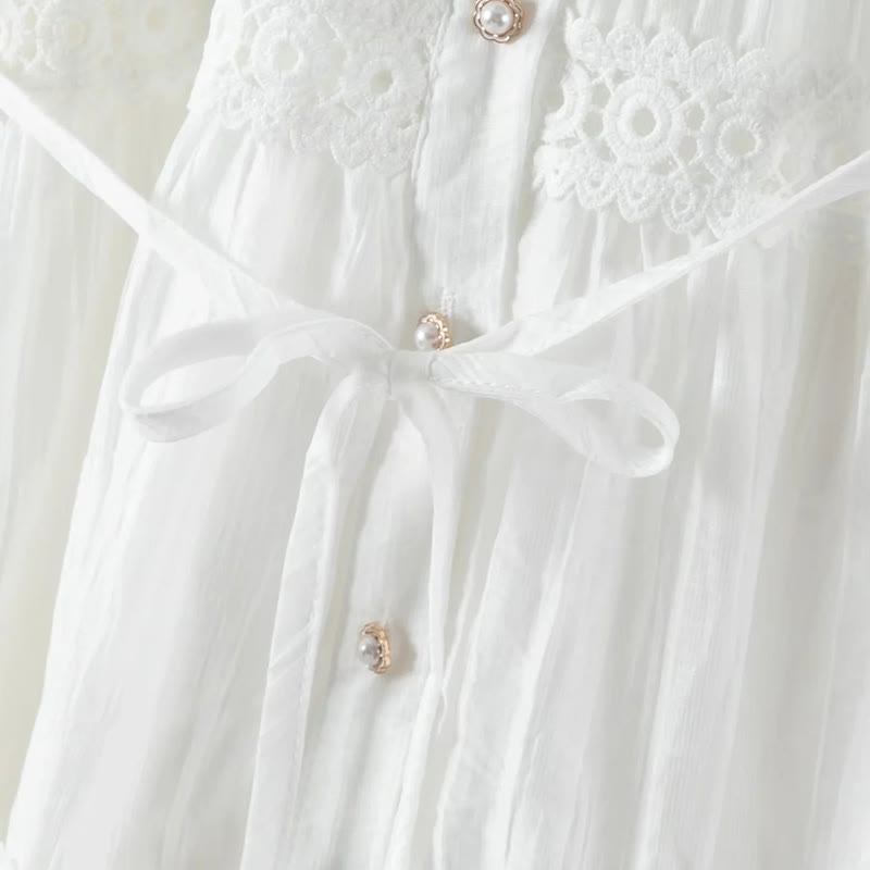 Buddha Stones Abito midi in cotone da donna con maniche lunghe, bottoni e revers, in patchwork di pizzo, con lacci - image 7