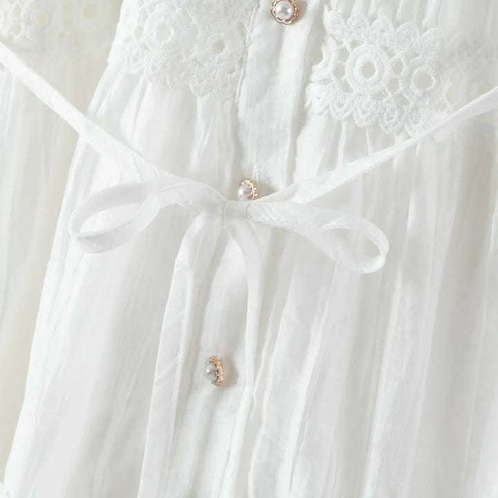 Buddha Stones Abito midi in cotone da donna con maniche lunghe, bottoni e revers, in patchwork di pizzo, con lacci - image 7