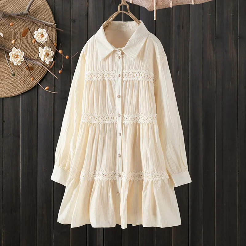 Buddha Stones Abito midi in cotone da donna con maniche lunghe, bottoni e revers, in patchwork di pizzo, con lacci - Mandorla sbiancata - US4， UK/AU8，EU36-38 (F) - image 11